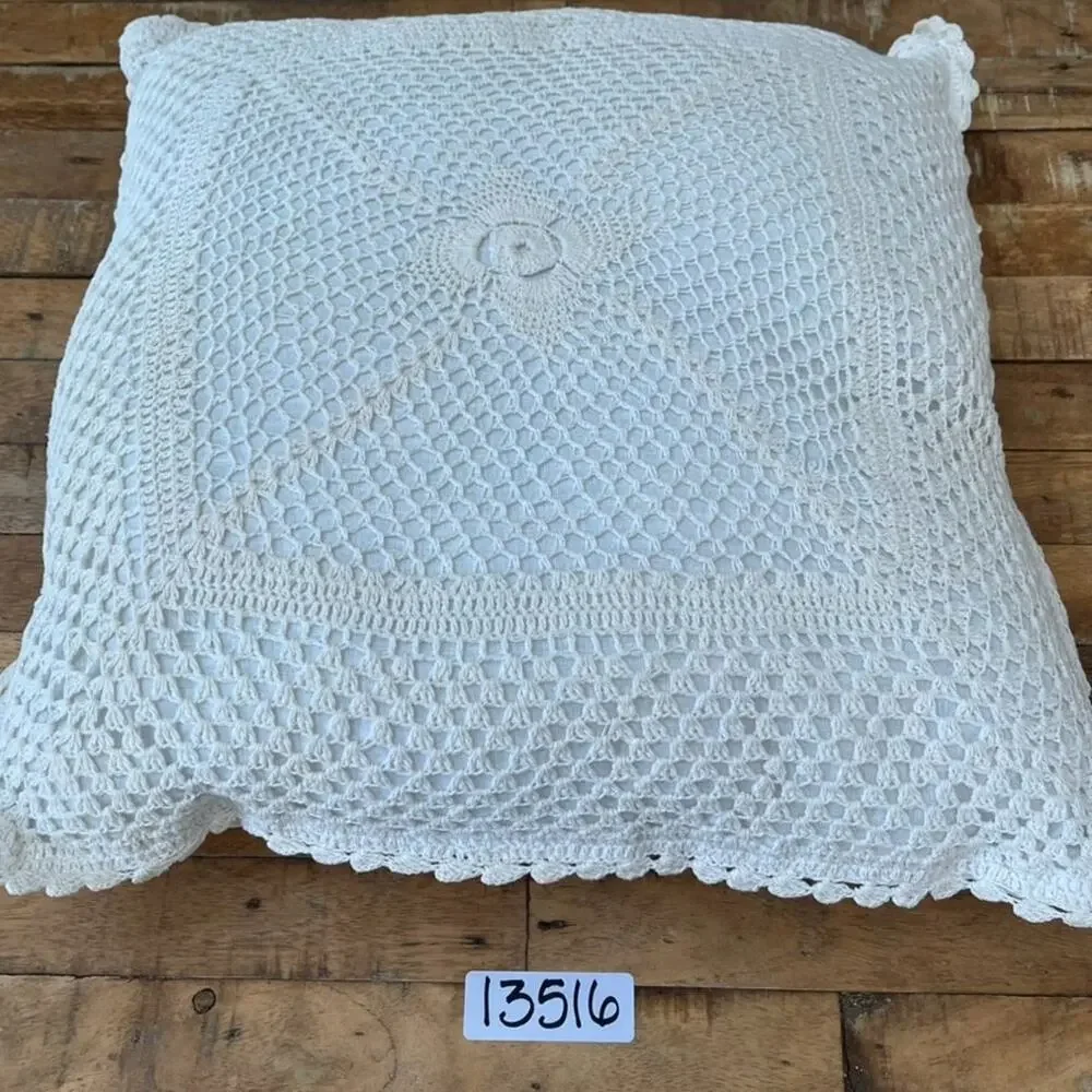 Ivory Cotton Crochet Square Decorative Pillow 15 x 15